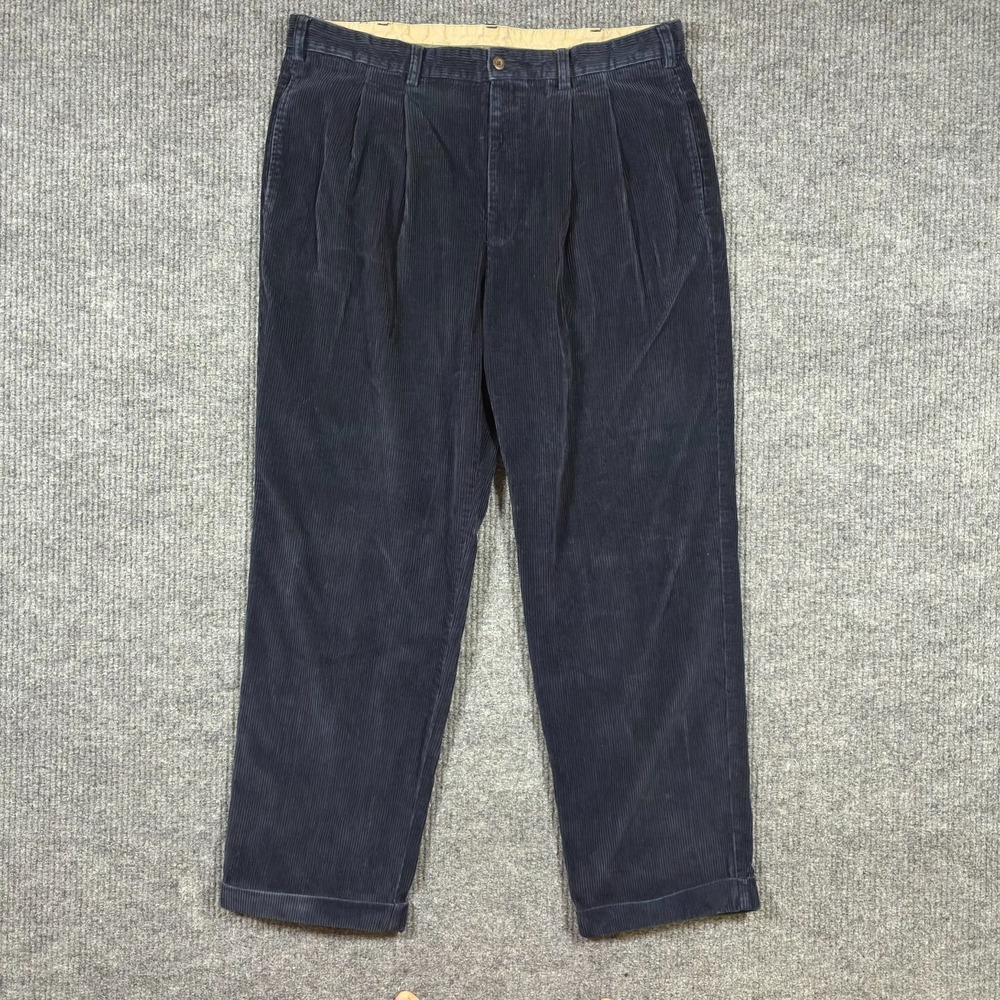 Brooks Brothers Mens Pants Size 40x32 Navy Blue Classic Corduroy Pleated Cuffed